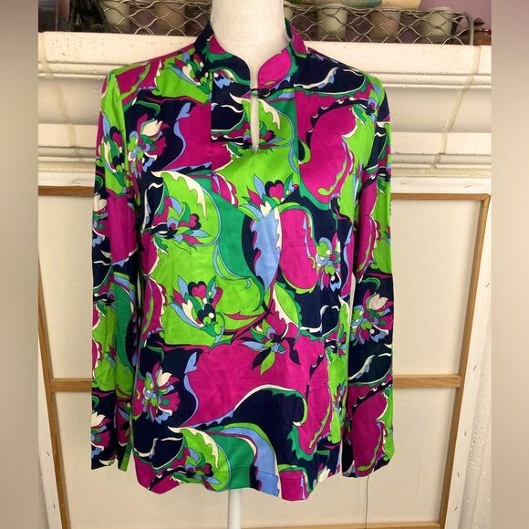 Talbots Mandarin Collar Blouse Italian designer vibe,beautiful fabric side vents - Picture 1 of 13